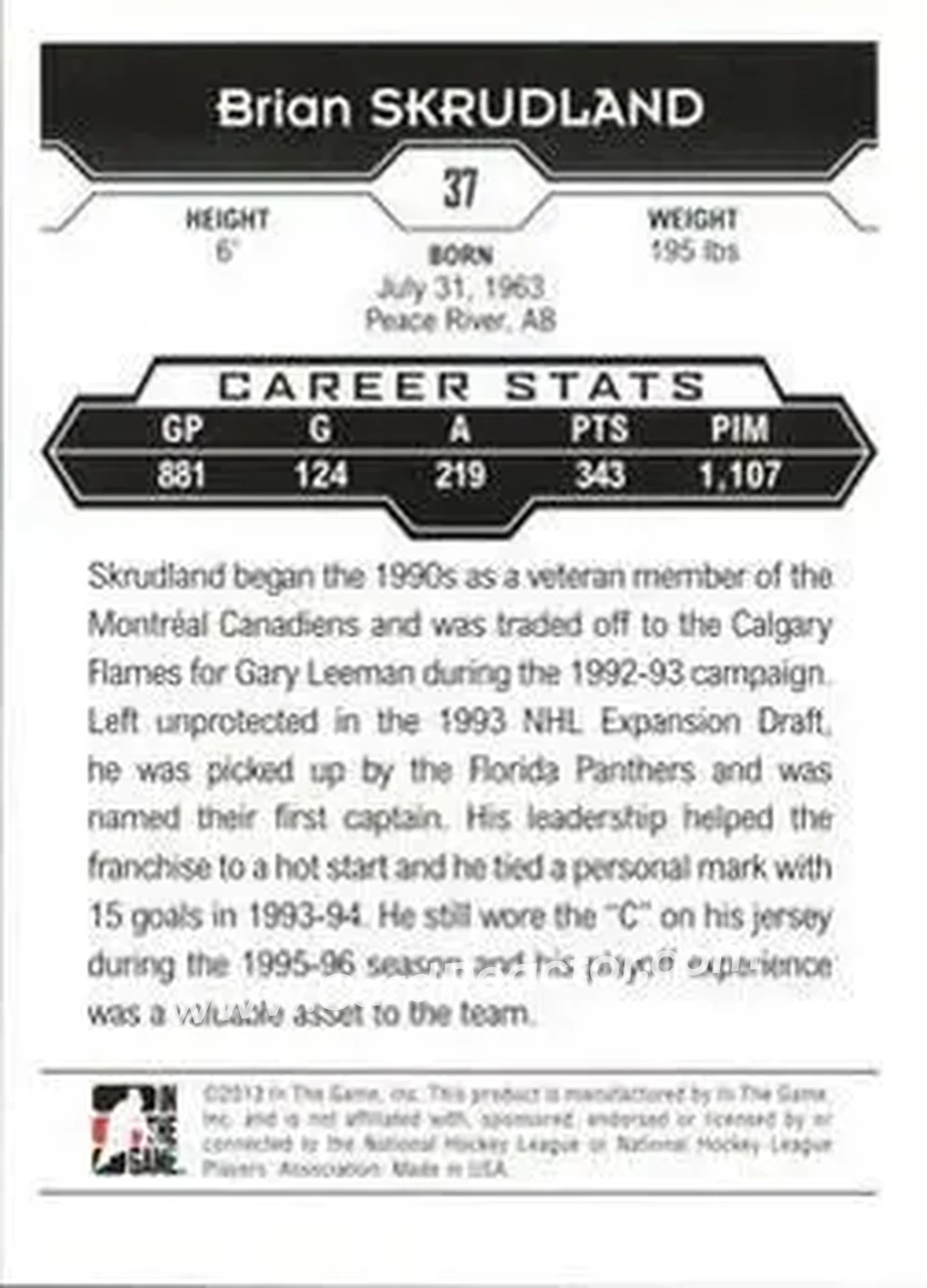 2013-14 In The Game Decades 1990s #37 - Brian Skrudland - Florida Panthers - Back