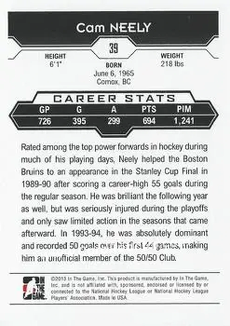 2013-14 In The Game Decades 1990s #39 - Cam Neely - Boston Bruins - Back