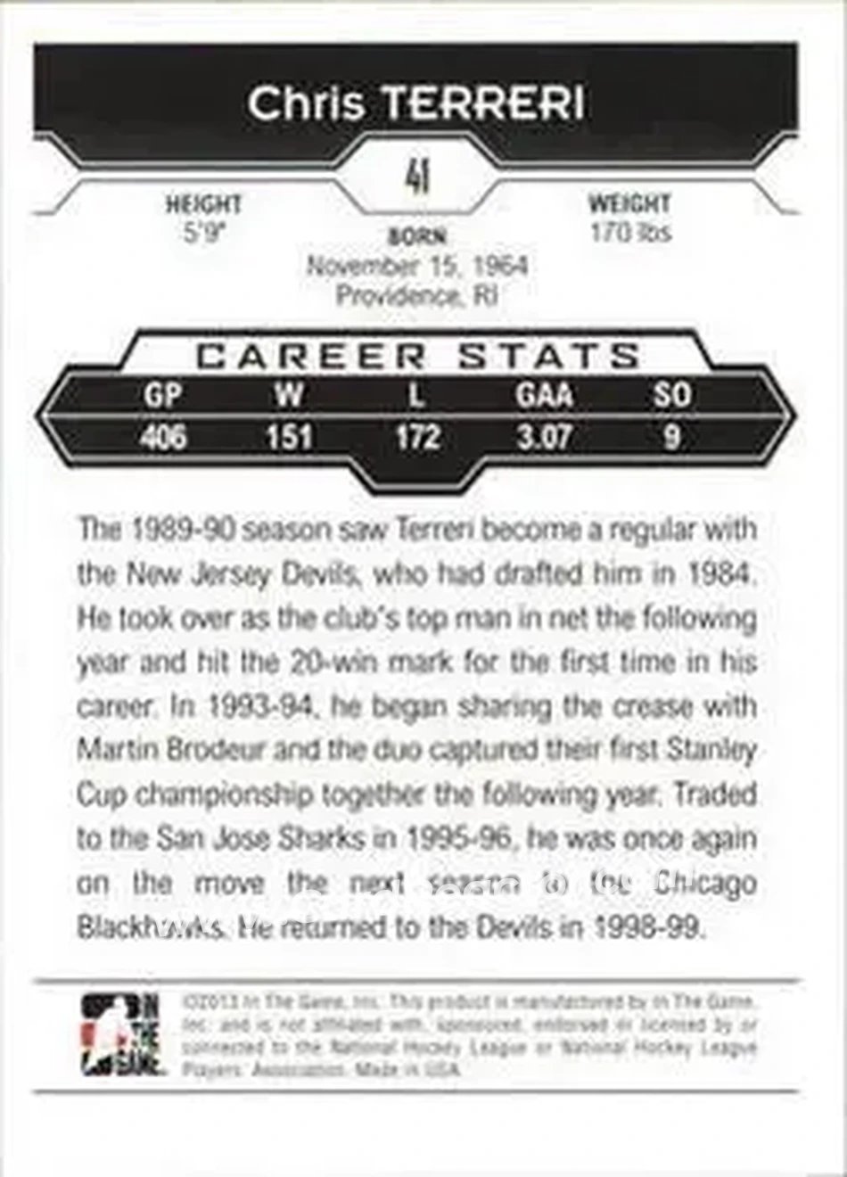 2013-14 In The Game Decades 1990s #41 - Chris Terreri - New Jersey Devils - Back