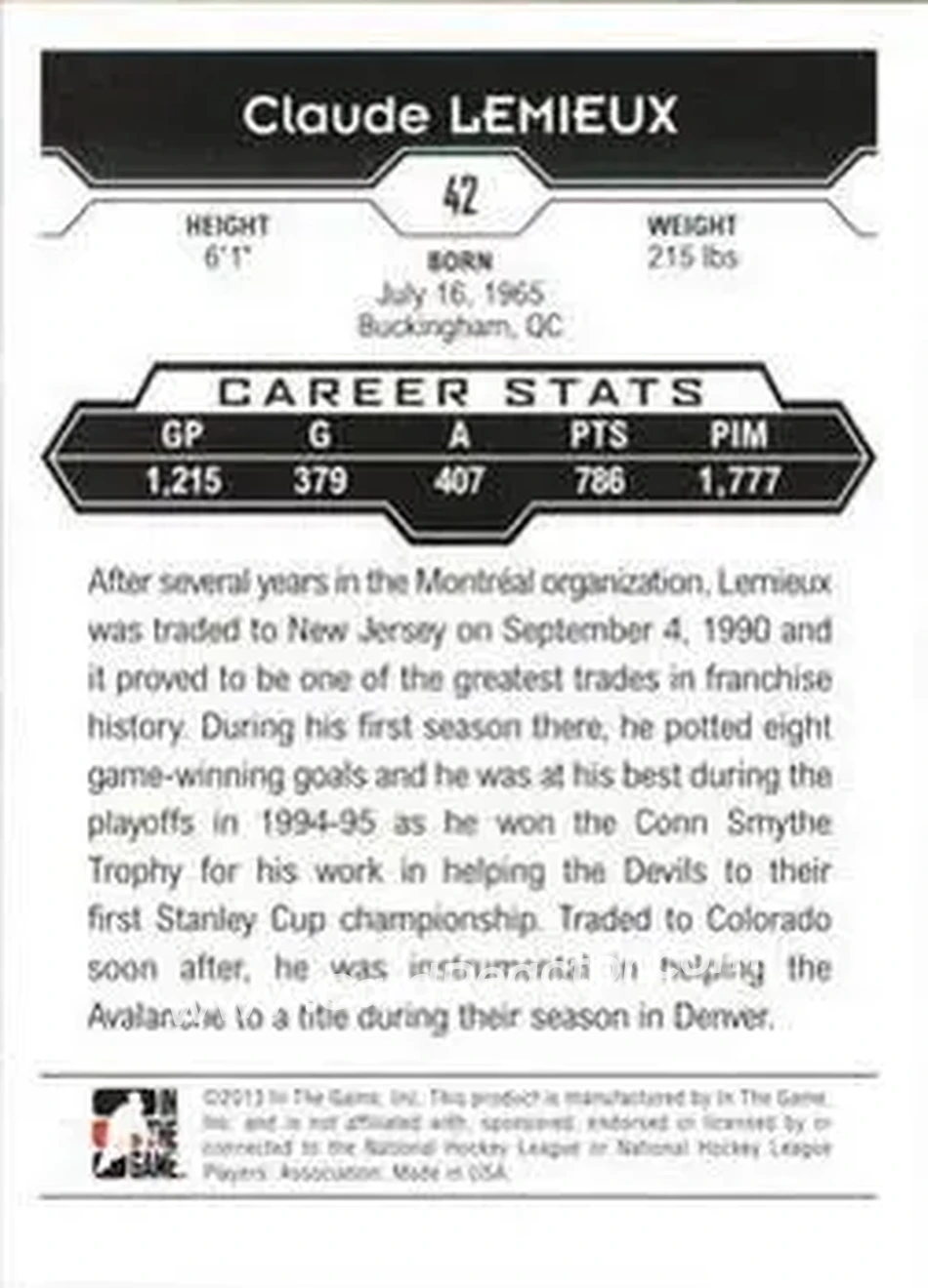 2013-14 In The Game Decades 1990s #42 - Claude Lemieux - Colorado Avalanche - Back