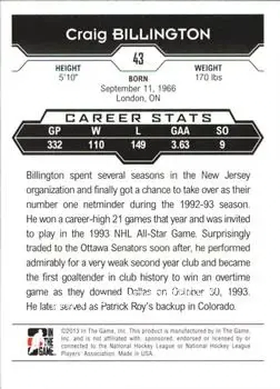 2013-14 In The Game Decades 1990s #43 - Craig Billington - Ottawa Senators - Back