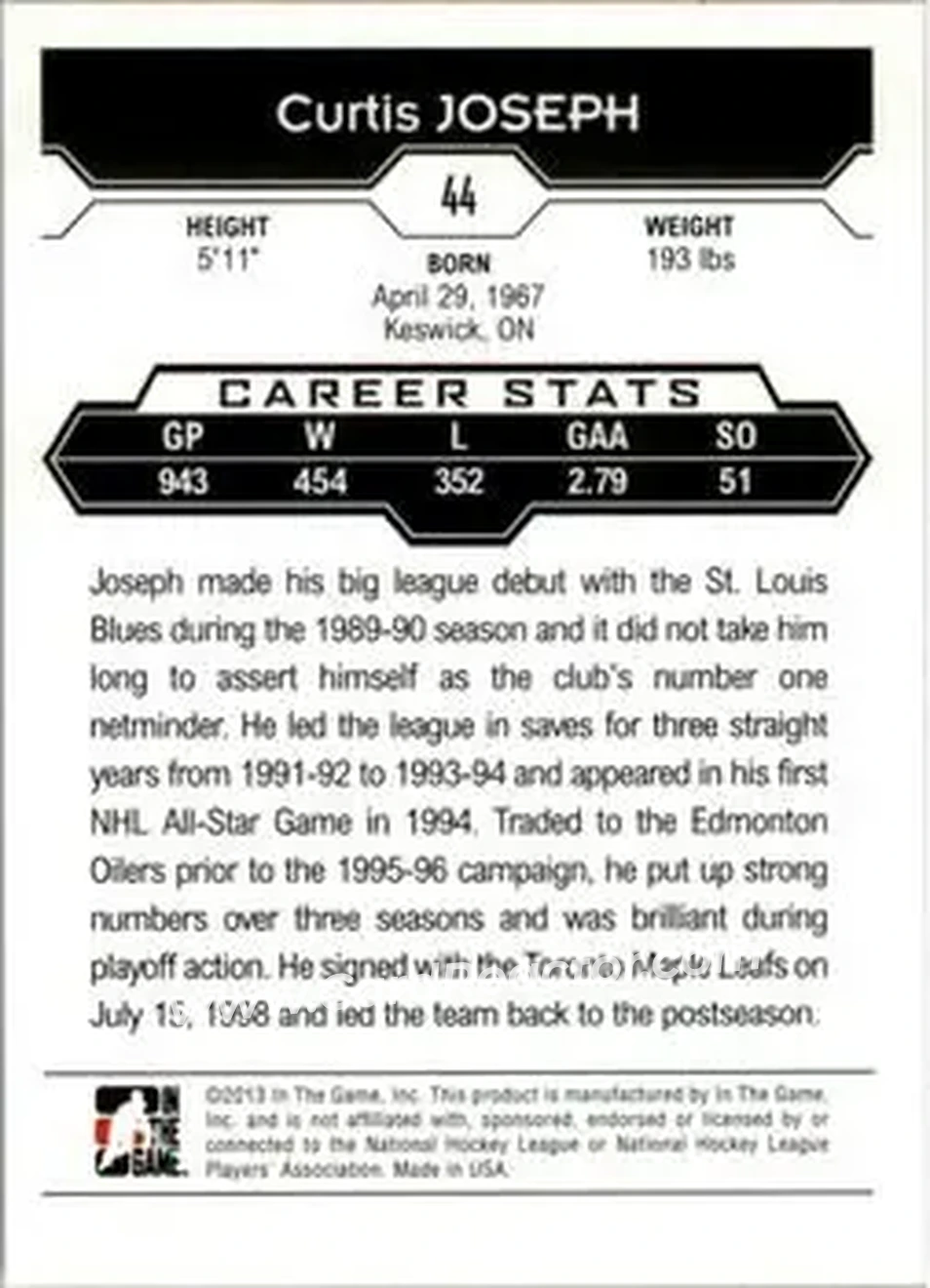 2013-14 In The Game Decades 1990s #44 - Curtis Joseph - St. Louis Blues - Back