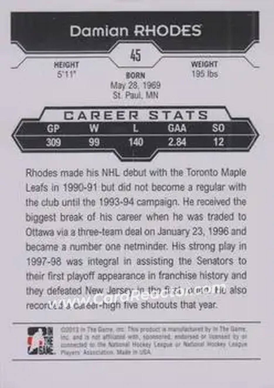 2013-14 In The Game Decades 1990s #45 - Damian Rhodes - Ottawa Senators - Back