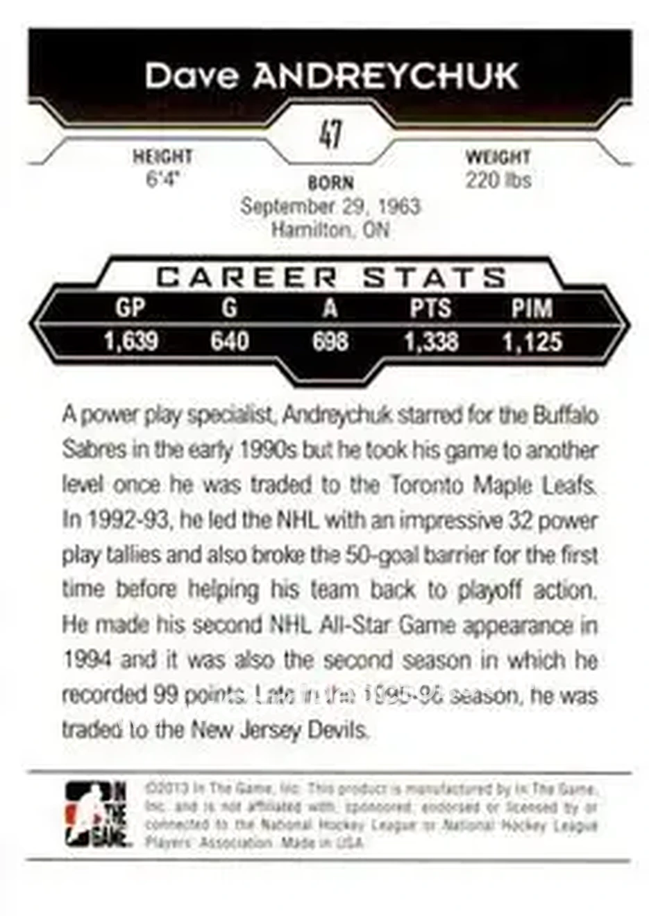 2013-14 In The Game Decades 1990s #47 - Dave Andreychuk - Toronto Maple Leafs - Back