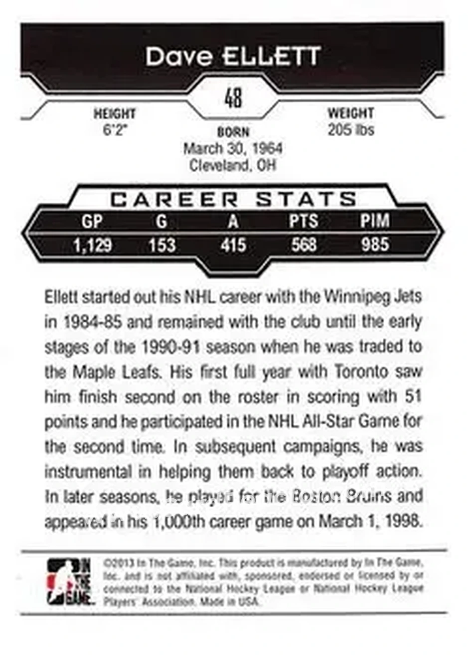 2013-14 In The Game Decades 1990s #48 - Dave Ellett - Toronto Maple Leafs - Back