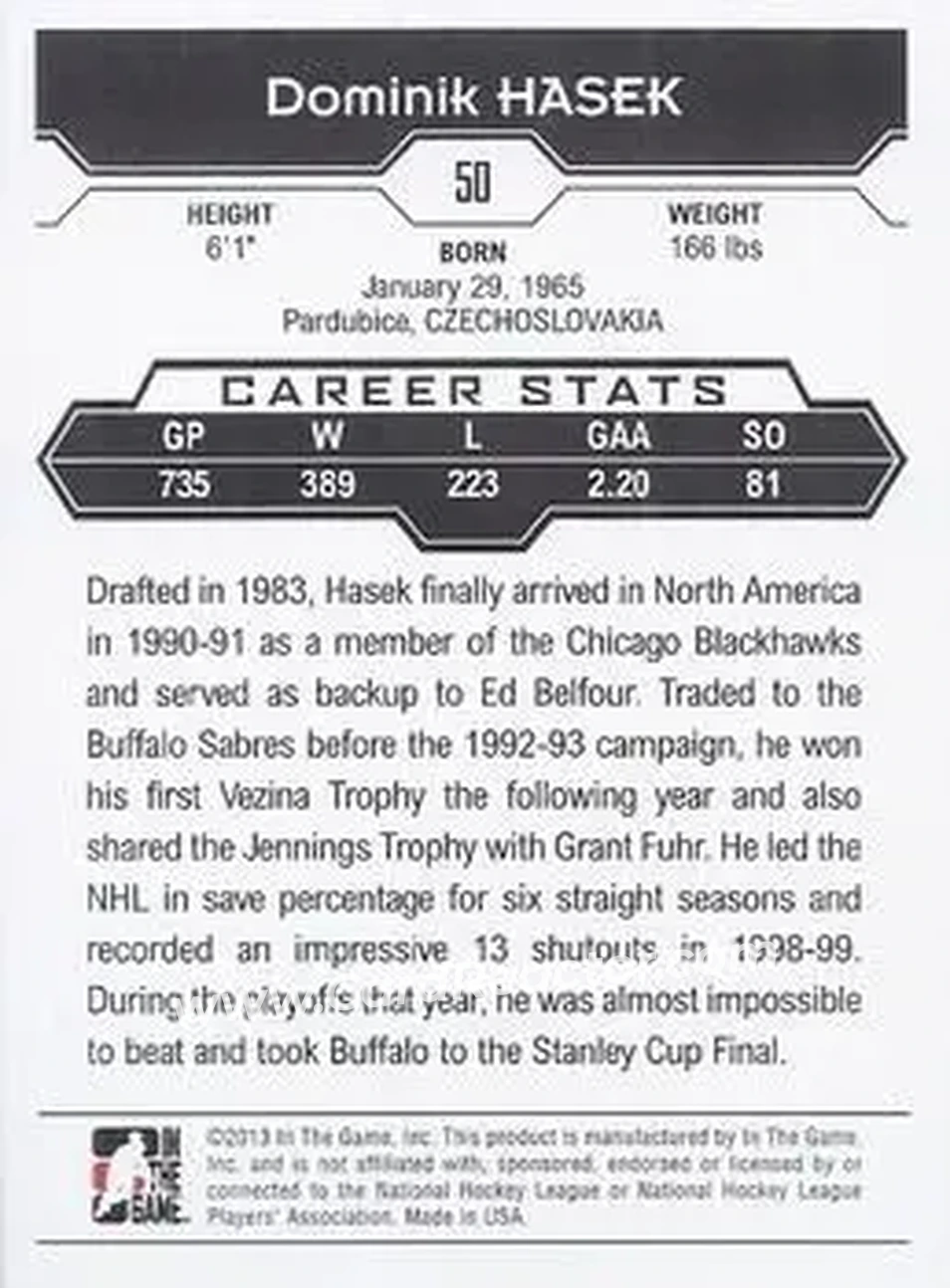 2013-14 In The Game Decades 1990s #50 - Dominik Hasek - Buffalo Sabres - Back