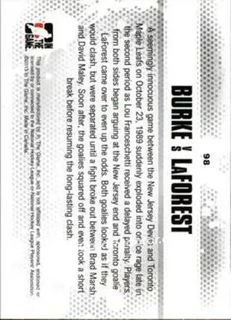 2013-14 In The Game Enforcers #98 - Sean Burke - Mark Laforest CC, UER - New Jersey Devils - Toronto Maple Leafs - Back