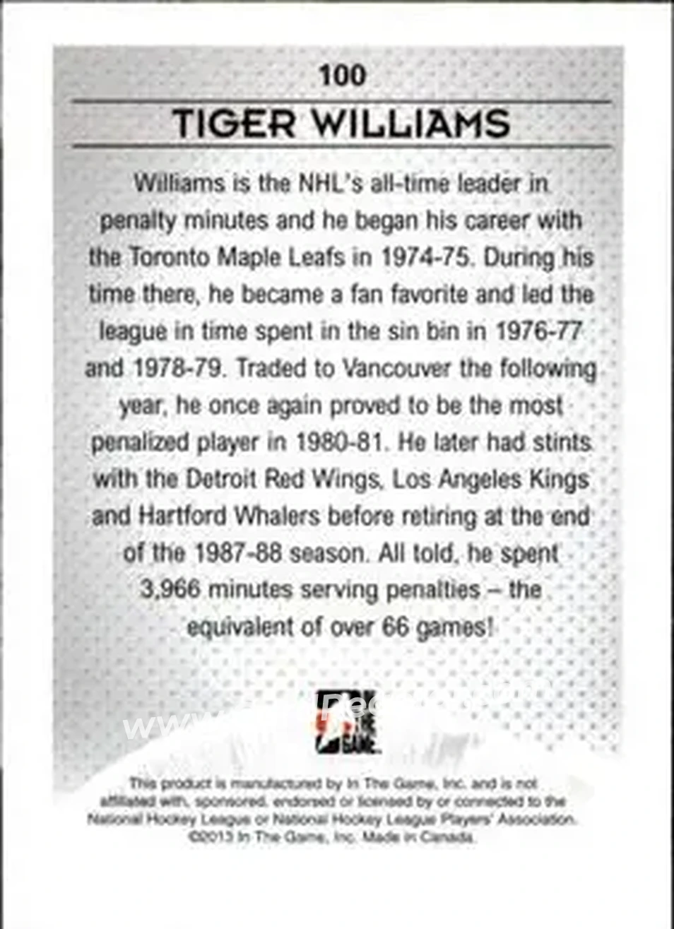 2013-14 In The Game Enforcers #100 - Dave Williams - Hartford Whalers - Back