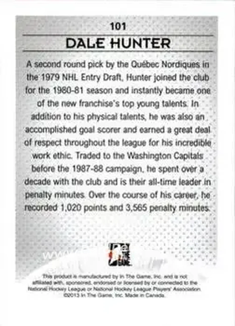2013-14 In The Game Enforcers #101 - Dale Hunter - Quebec Nordiques - Back