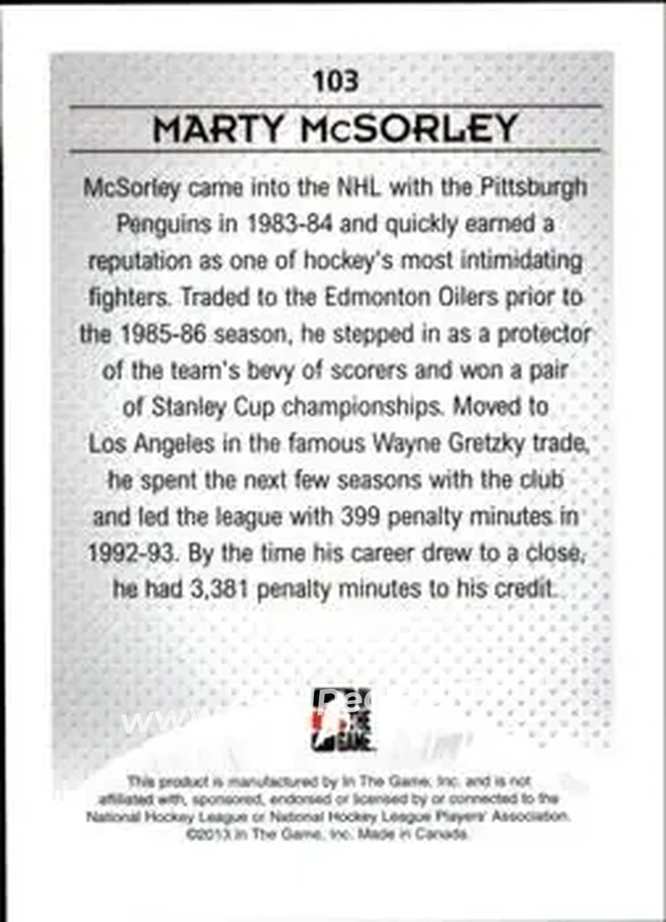 2013-14 In The Game Enforcers #103 - Marty McSorley - Los Angeles Kings - Back