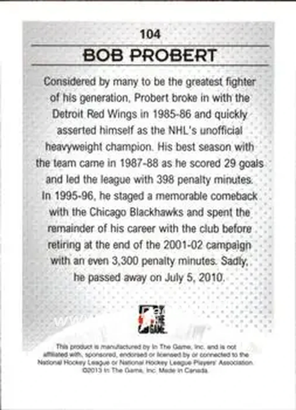2013-14 In The Game Enforcers #104 - Bob Probert - Detroit Red Wings - Back