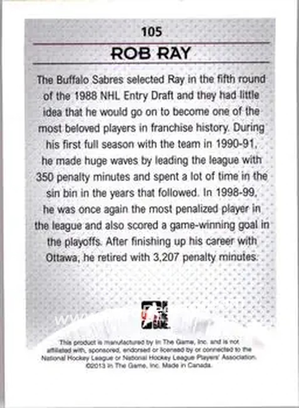 2013-14 In The Game Enforcers #105 - Rob Ray - Buffalo Sabres - Back
