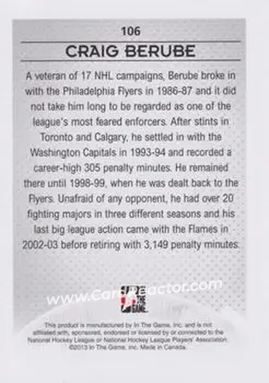 2013-14 In The Game Enforcers #106 - Craig Berube - Toronto Maple Leafs - Back