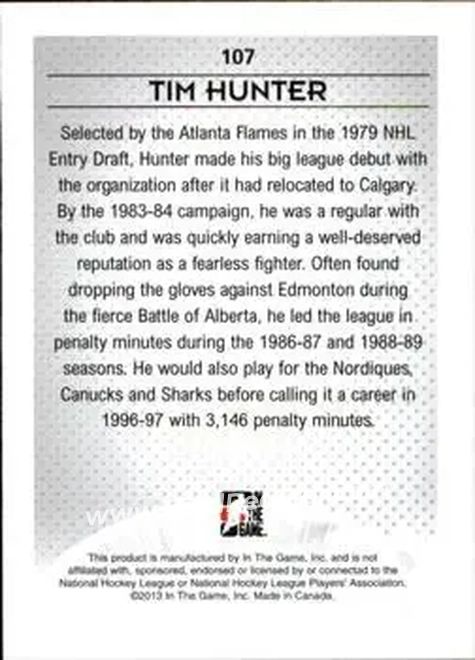 2013-14 In The Game Enforcers #107 - Tim Hunter - Vancouver Canucks - Back