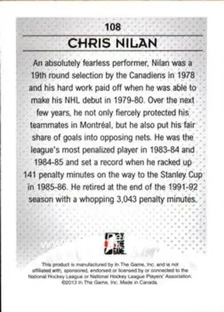 2013-14 In The Game Enforcers #108 - Chris Nilan - Boston Bruins - Back