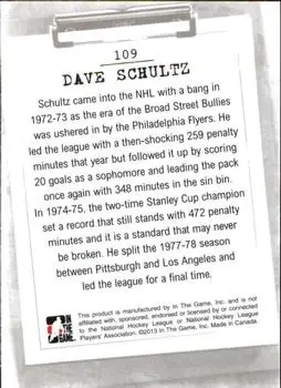 2013-14 In The Game Enforcers #109 - Dave Schultz - Philadelphia Flyers - Back