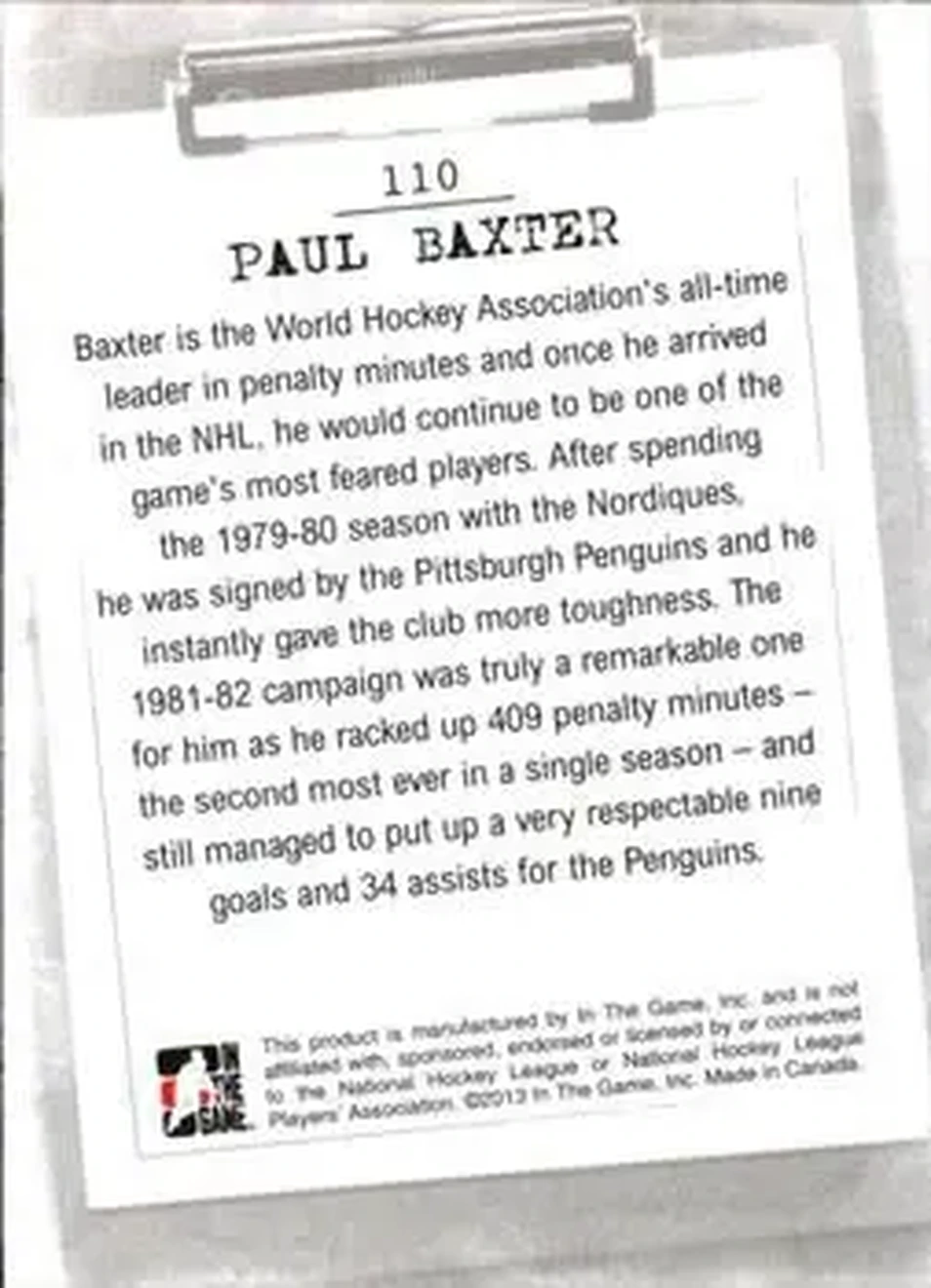 2013-14 In The Game Enforcers #110 - Paul Baxter - Pittsburgh Penguins - Back