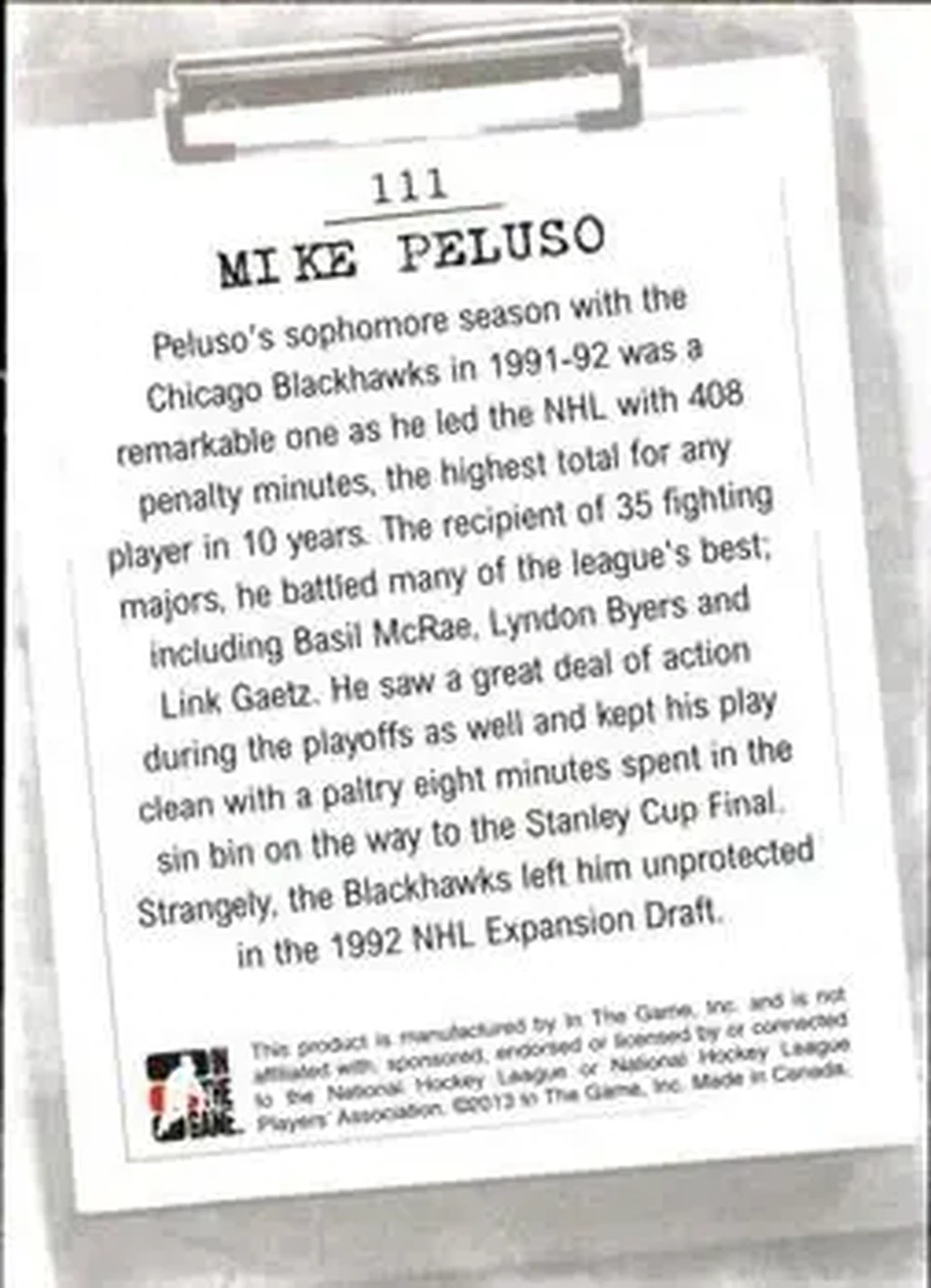 2013-14 In The Game Enforcers #111 - Mike Peluso - Chicago Blackhawks - Back