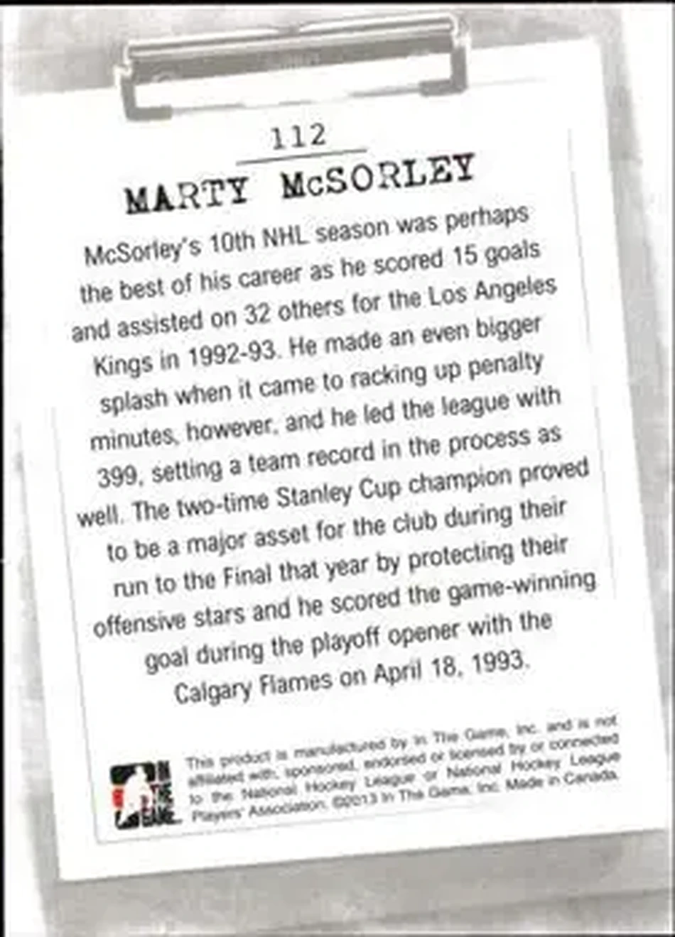 2013-14 In The Game Enforcers #112 - Marty McSorley - Los Angeles Kings - Back