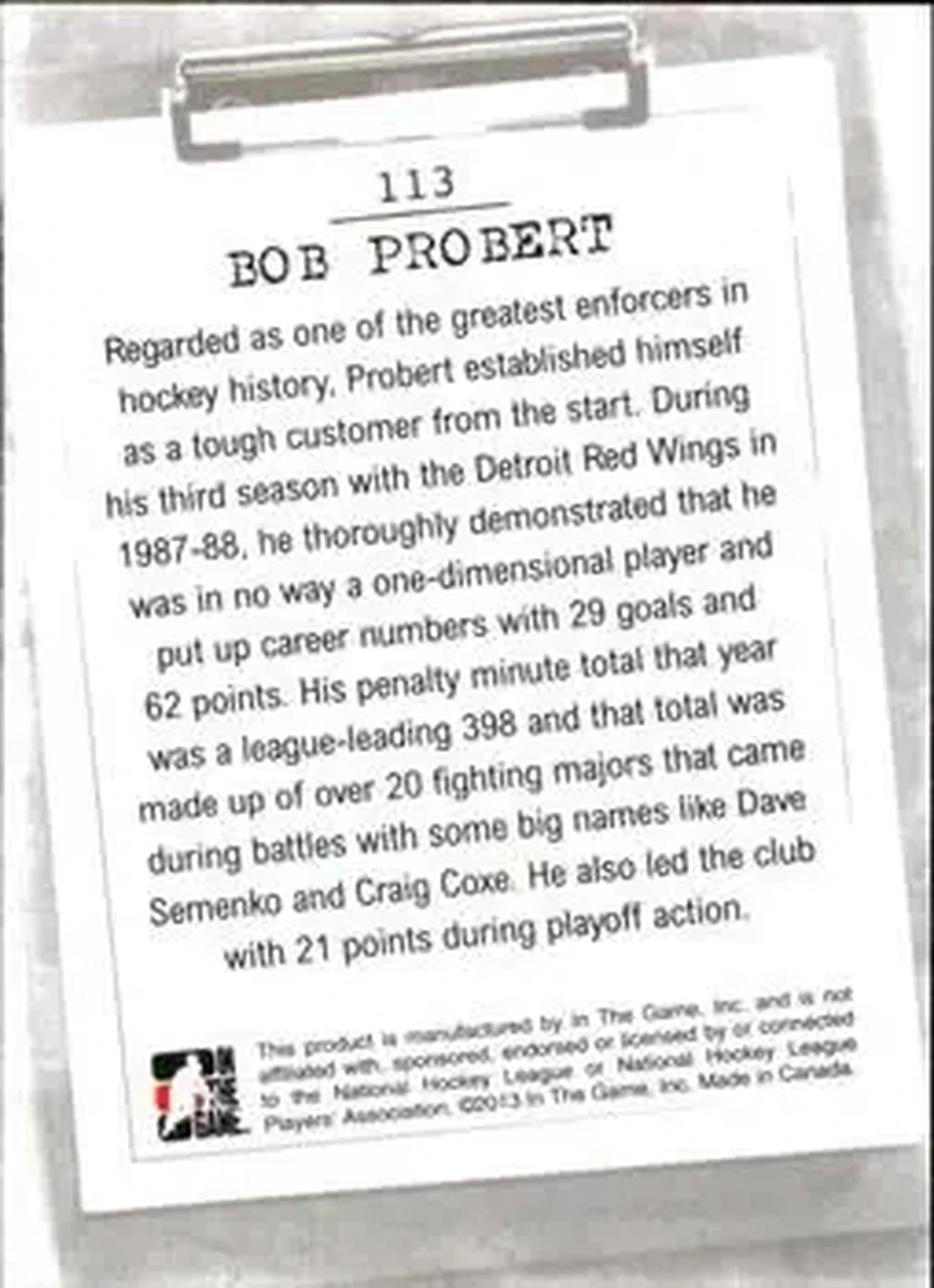 2013-14 In The Game Enforcers #113 - Bob Probert - Detroit Red Wings - Back