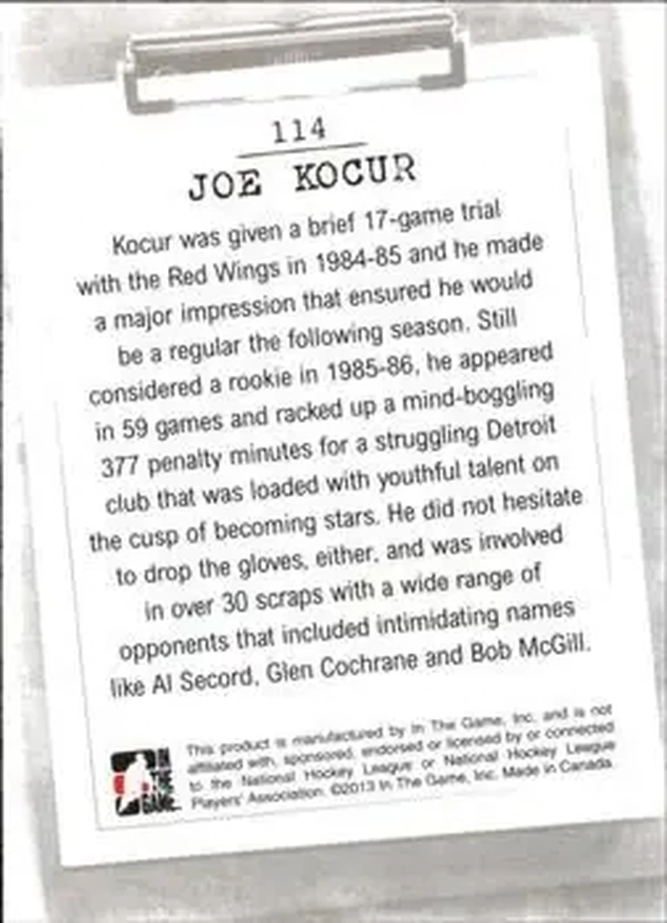 2013-14 In The Game Enforcers #114 - Joey Kocur - Detroit Red Wings - Back