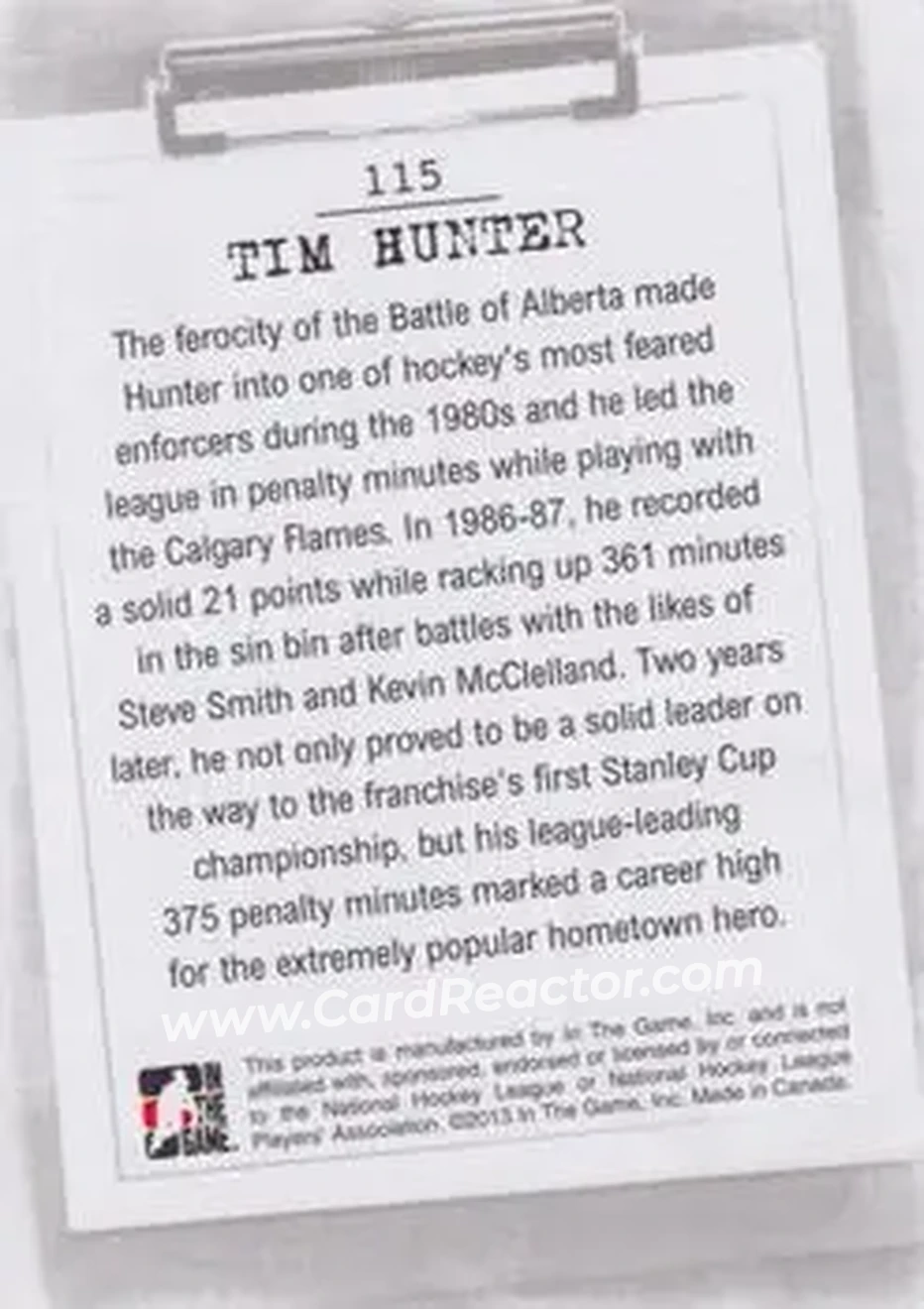 2013-14 In The Game Enforcers #115 - Tim Hunter - Calgary Flames - Back