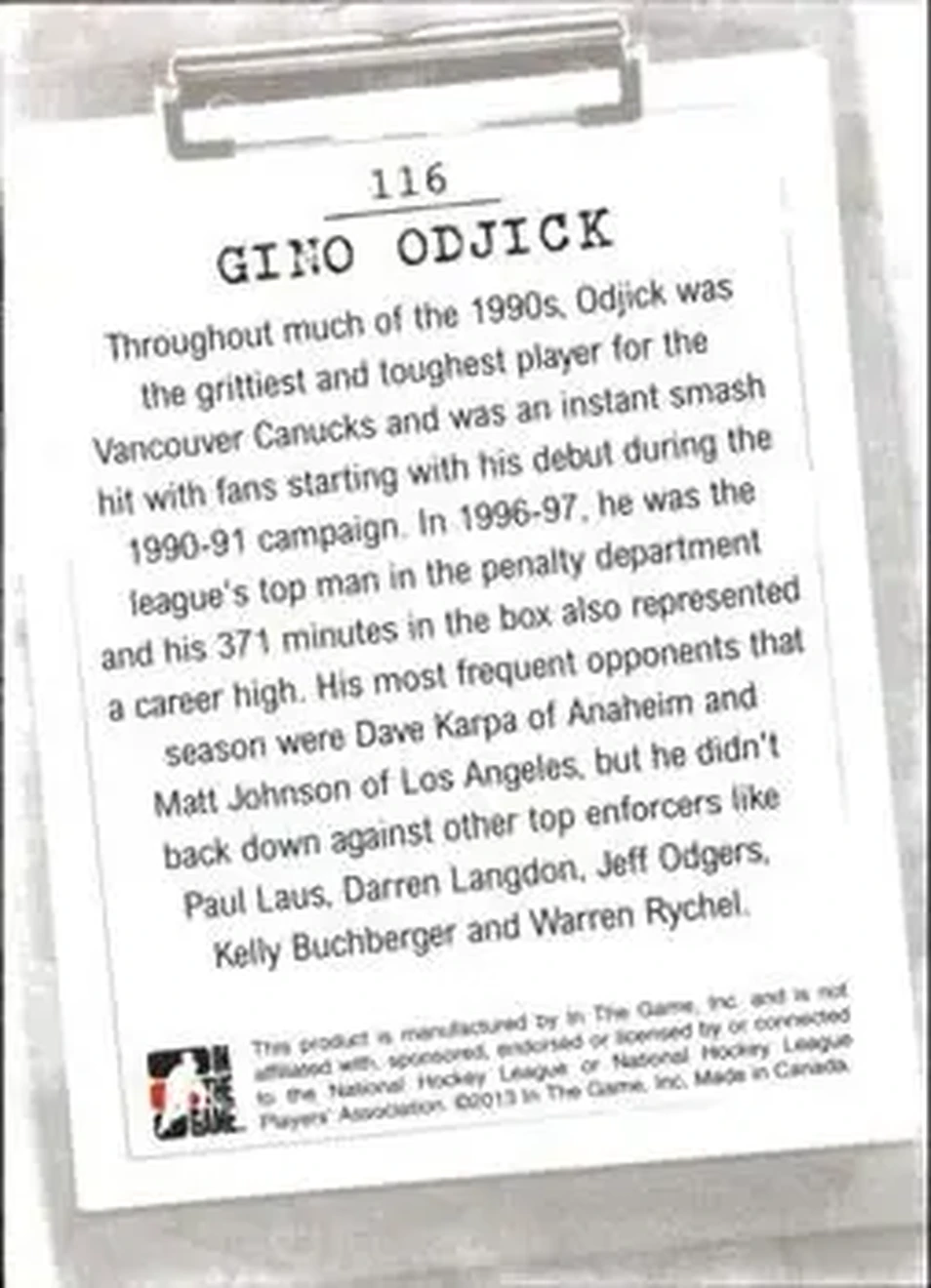2013-14 In The Game Enforcers #116 - Gino Odjick - Vancouver Canucks - Back