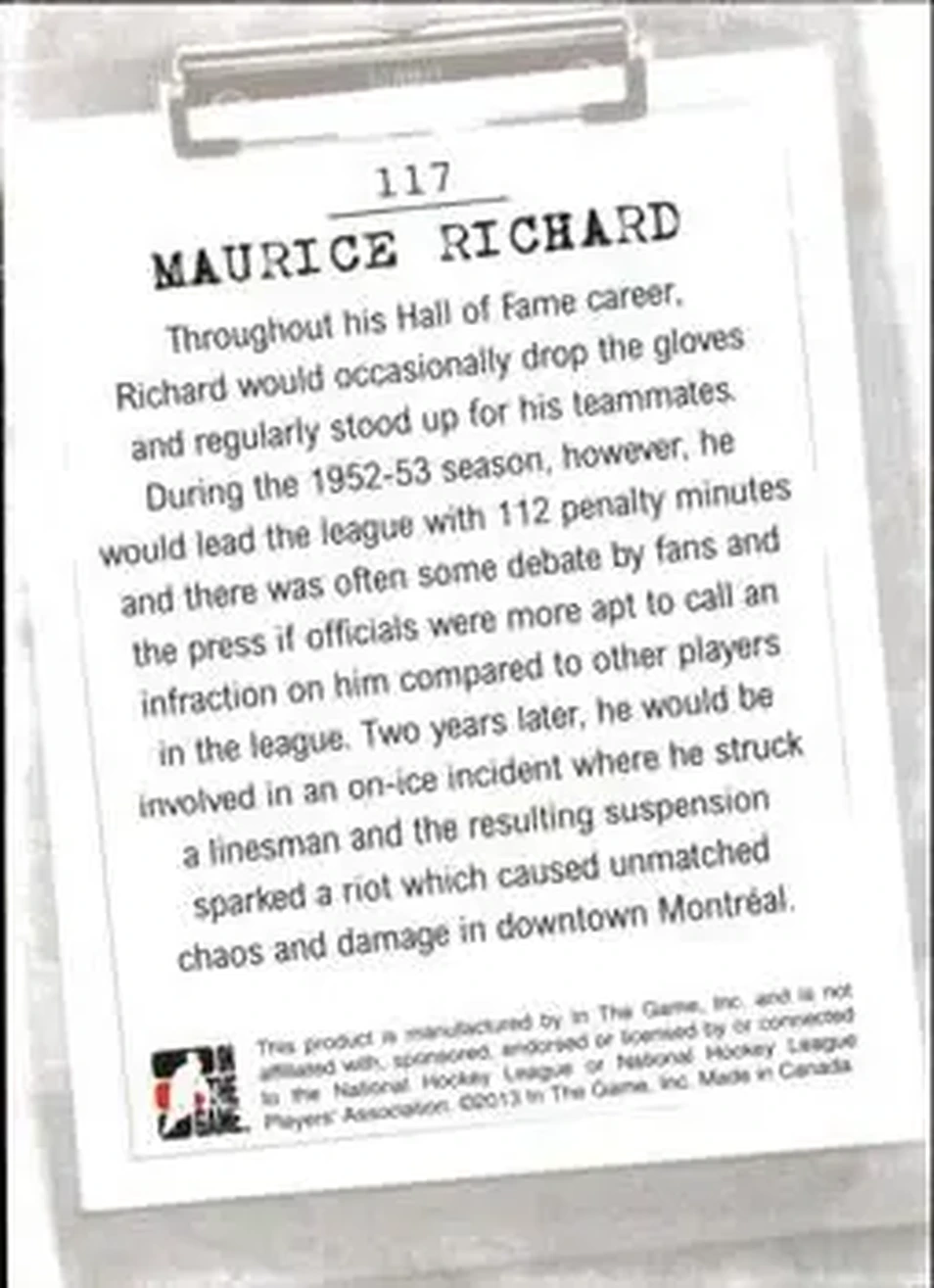 2013-14 In The Game Enforcers #117 - Maurice Richard - Montreal Canadiens - Back