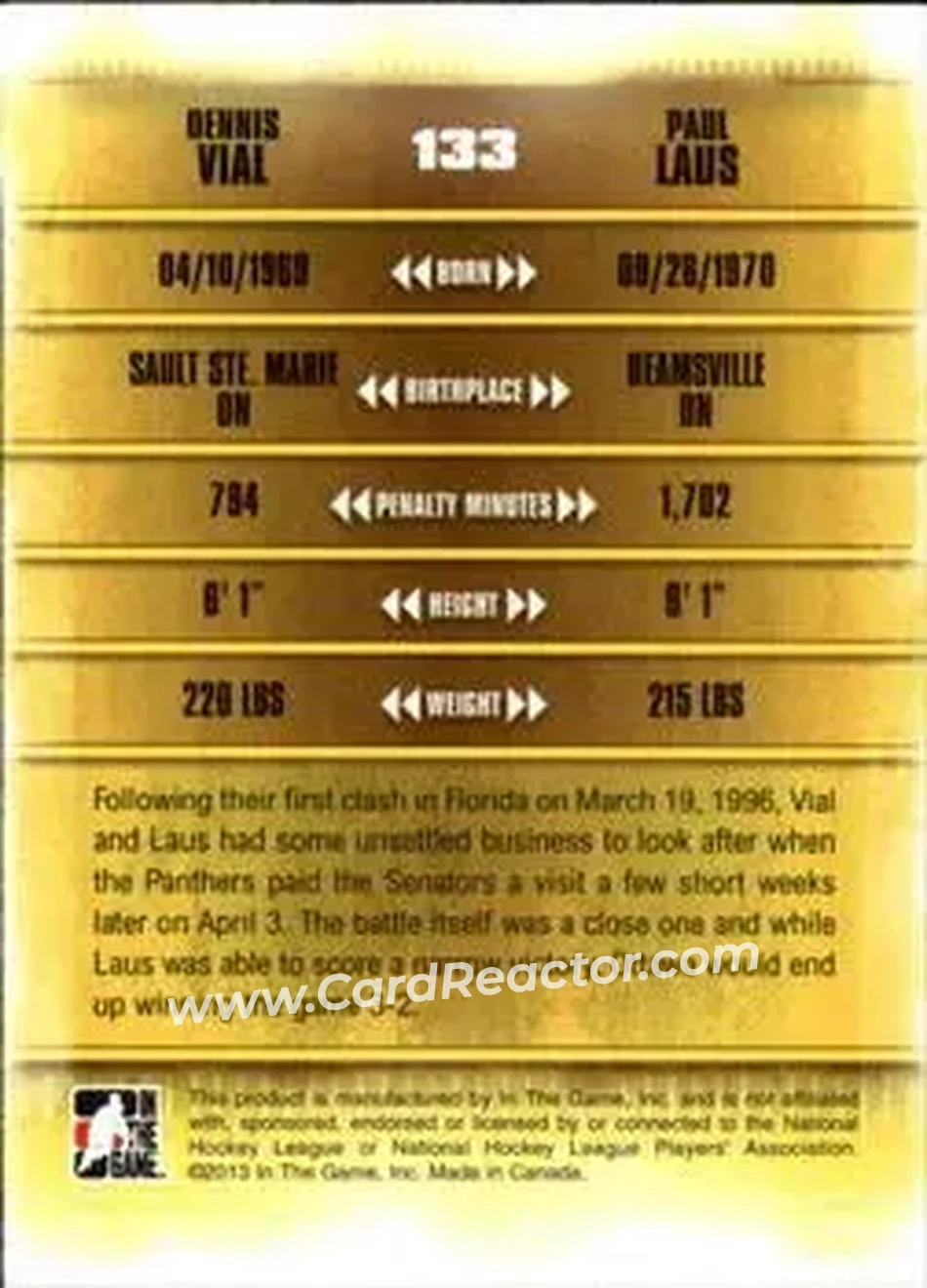 2013-14 In The Game Enforcers #133 - Dennis Vial - Paul Laus TOTT - Ottawa Senators - Florida Panthers - Back