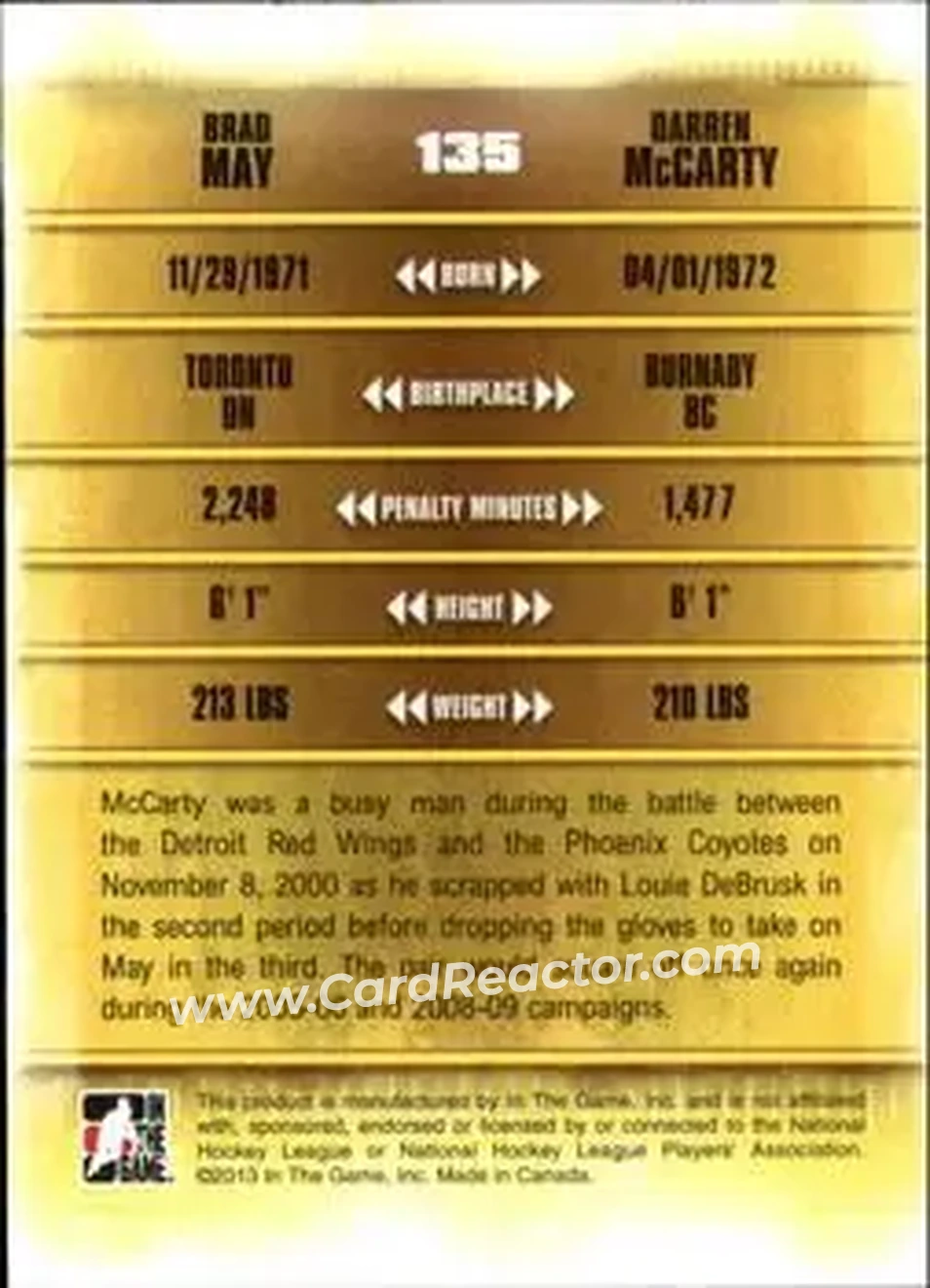 2013-14 In The Game Enforcers #135 - Brad May /Darren McCarty TOTT - Phoenix Coyotes - Detroit Red Wings - Back 2013-14 In The Game Enforcers #135 - Brad May /Darren McCarty TOTT - Phoenix Coyotes - Detroit Red Wings - Back