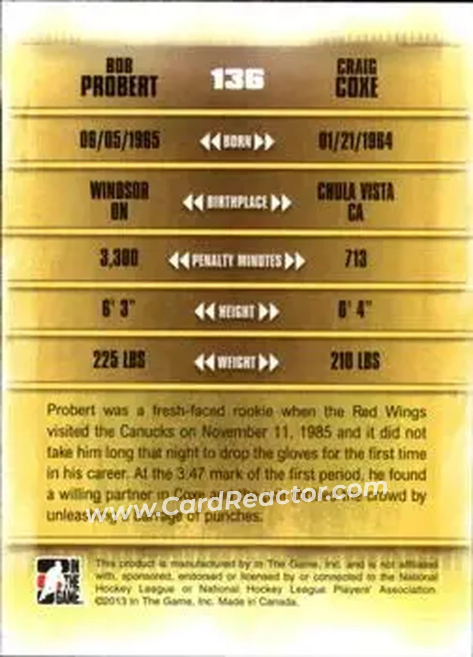 2013-14 In The Game Enforcers #136 - Bob Probert - Craig Coxe TOTT - Detroit Red Wings - Vancouver Canucks - Back
