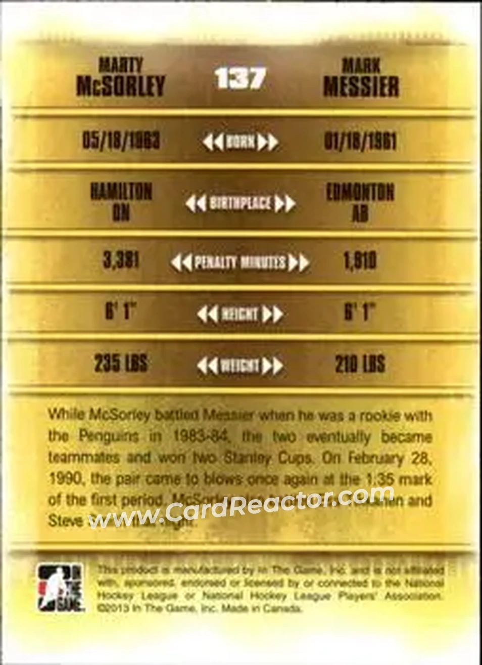 2013-14 In The Game Enforcers #137 - Marty McSorley - Mark Messier TOTT - Los Angeles Kings - Edmonton Oilers - Back 2013-14 In The Game Enforcers #137 - Marty McSorley - Mark Messier TOTT - Los Angeles Kings - Edmonton Oilers - Back