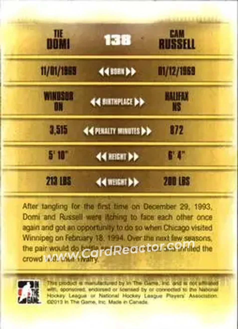 2013-14 In The Game Enforcers #138 - Tie Domi - Cam Russell TOTT - Winnipeg Jets - Chicago Blackhawks - Back