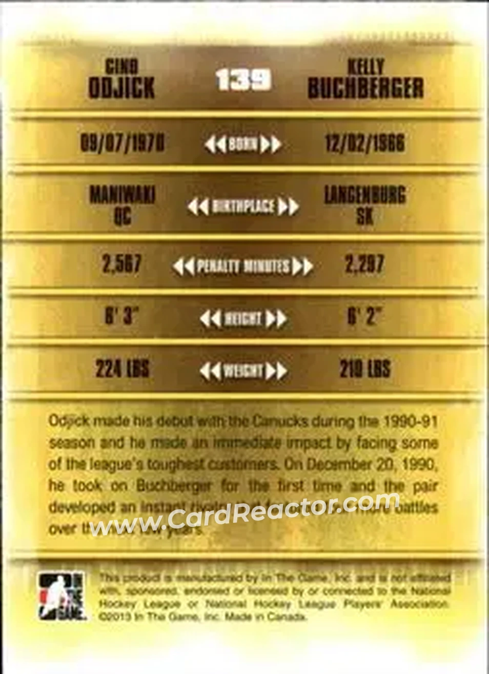2013-14 In The Game Enforcers #139 - Gino Odjick - Kelly Buchberger TOTT - Vancouver Canucks - Edmonton Oilers - Back