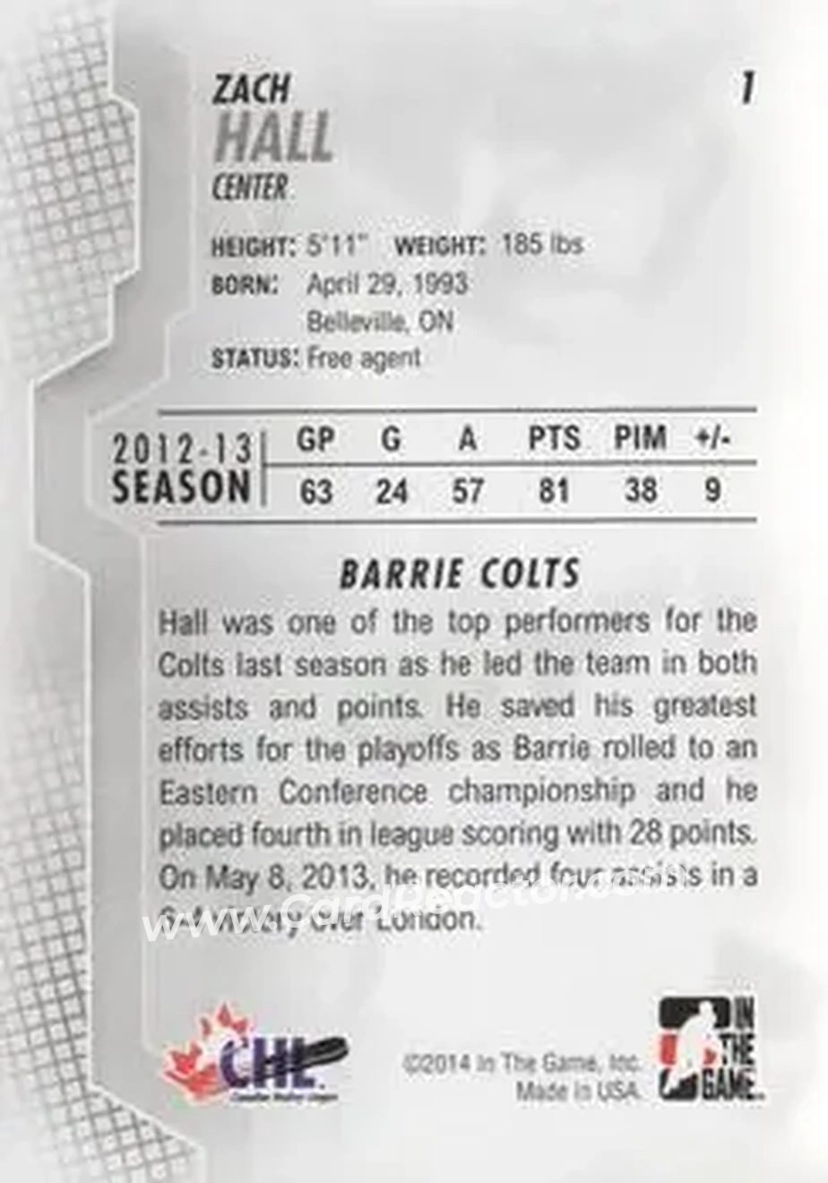 2013-14 In The Game Heroes and Prospects #1 - Zach Hall - Barrie Colts - Back