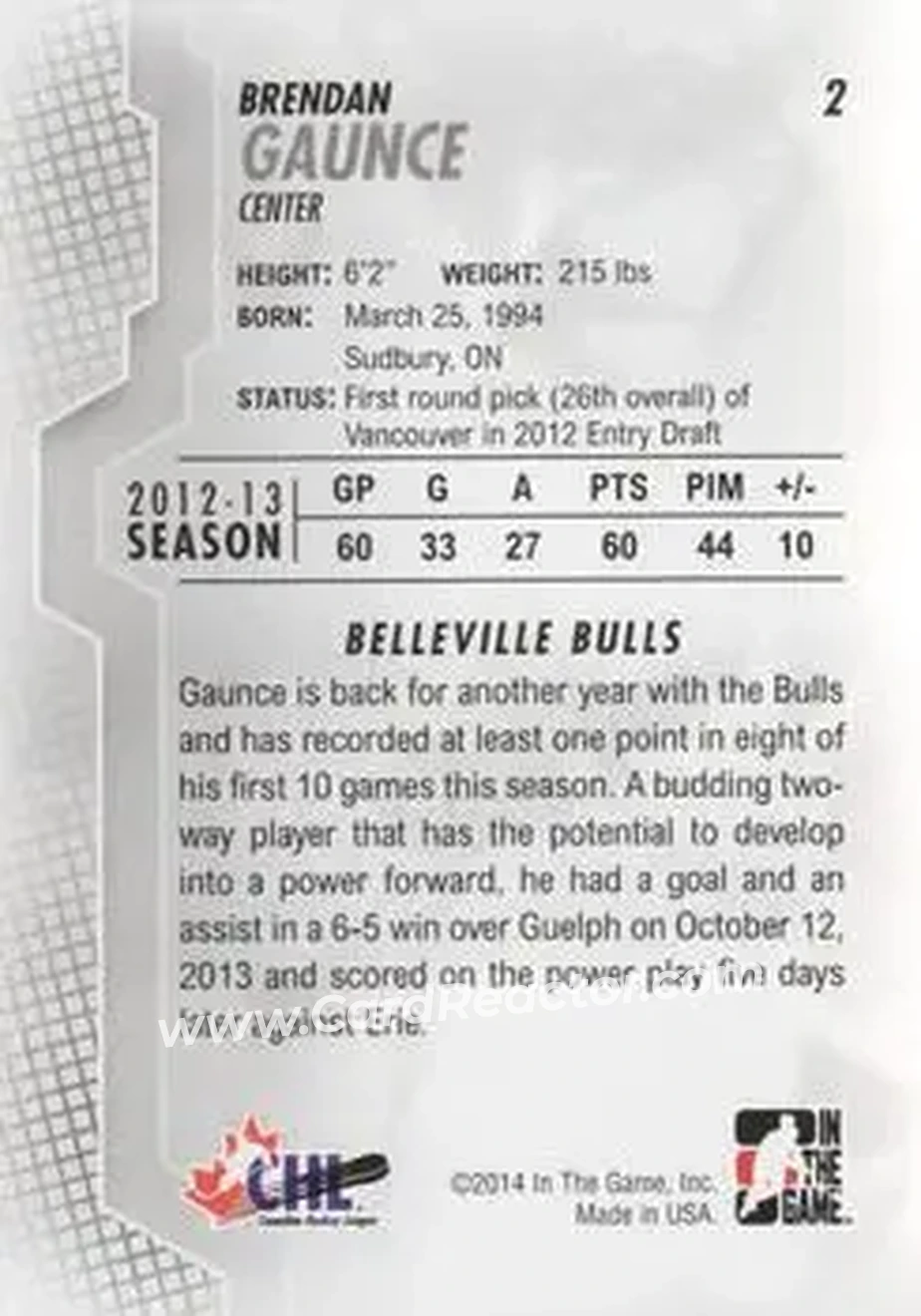 2013-14 In The Game Heroes and Prospects #2 - Brendan Gaunce - Belleville Bulls - Back