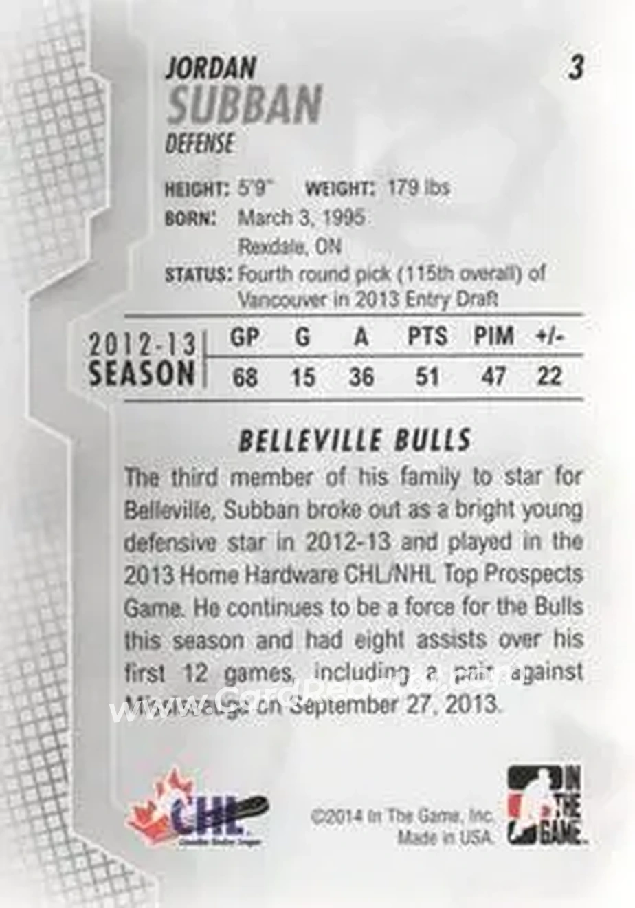 2013-14 In The Game Heroes and Prospects #3 - Jordan Subban - Belleville Bulls - Back 2013-14 In The Game Heroes and Prospects #3 - Jordan Subban - Belleville Bulls - Back