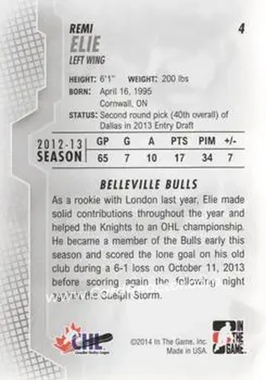2013-14 In The Game Heroes and Prospects #4 - Remi Elie - Belleville Bulls - Back