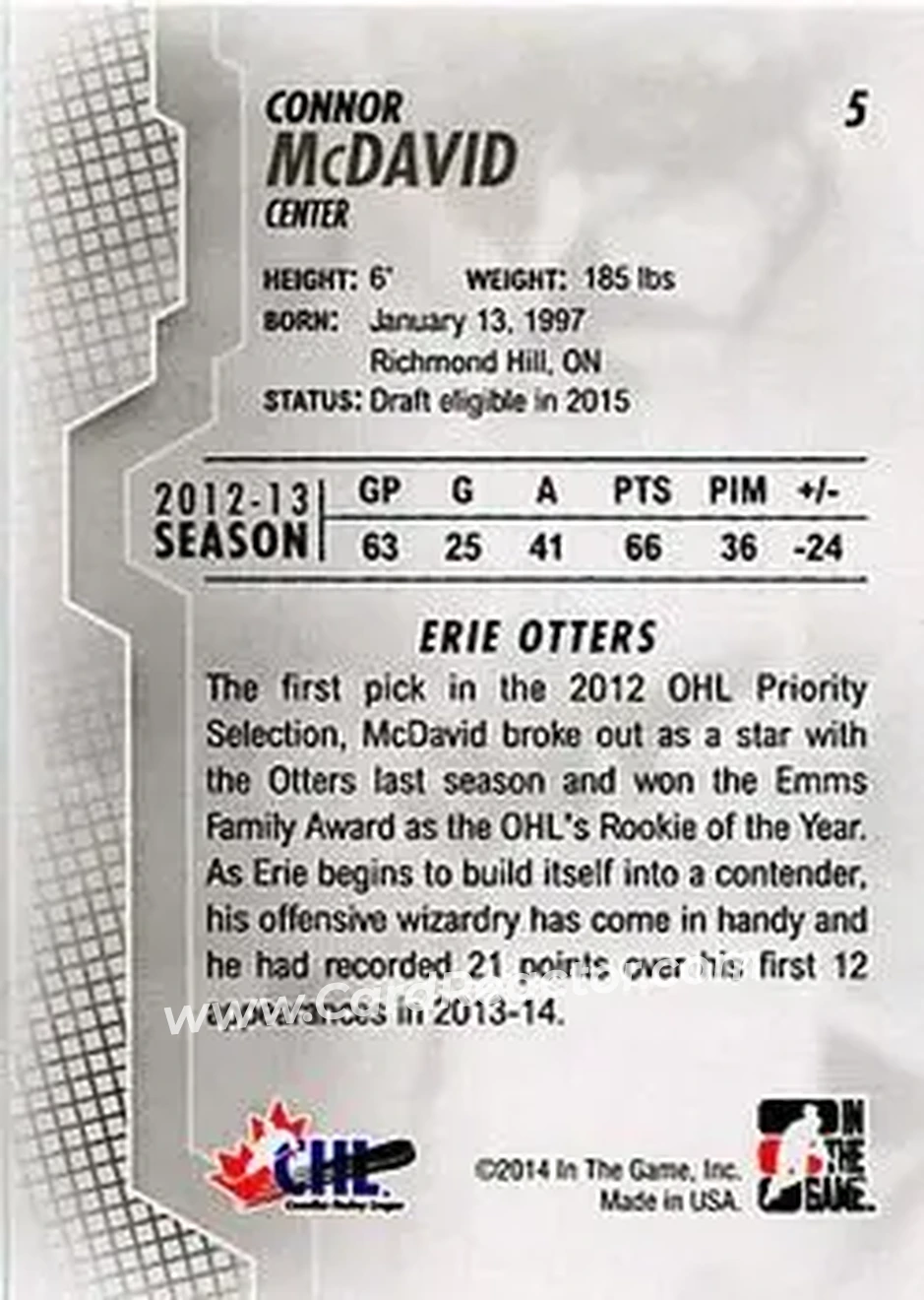2013-14 In The Game Heroes and Prospects #5 - Connor McDavid - Erie Otters - Back