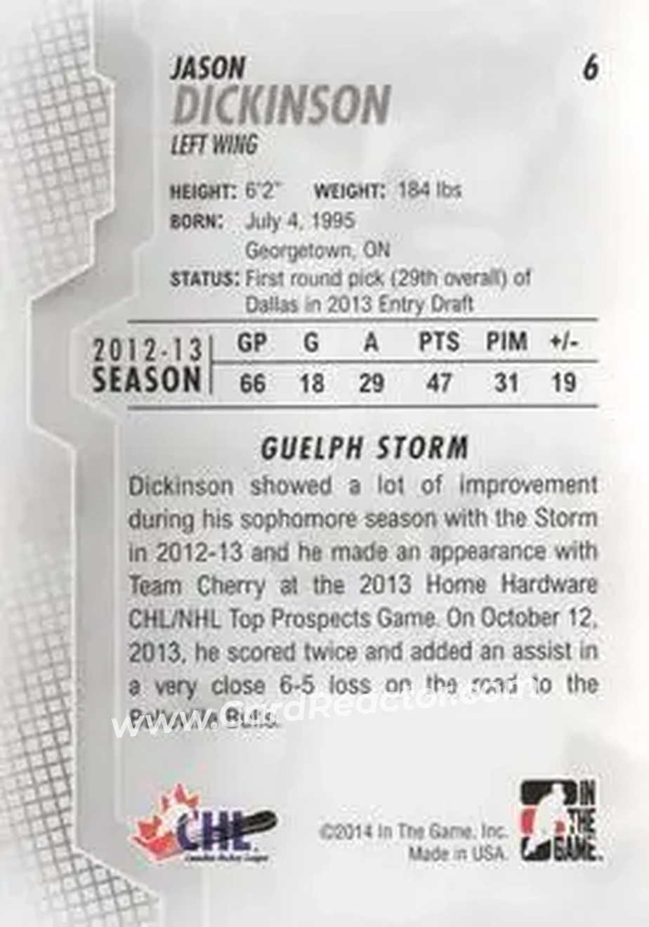 2013-14 In The Game Heroes and Prospects #6 - Jason Dickinson - Guelph Storm - Back