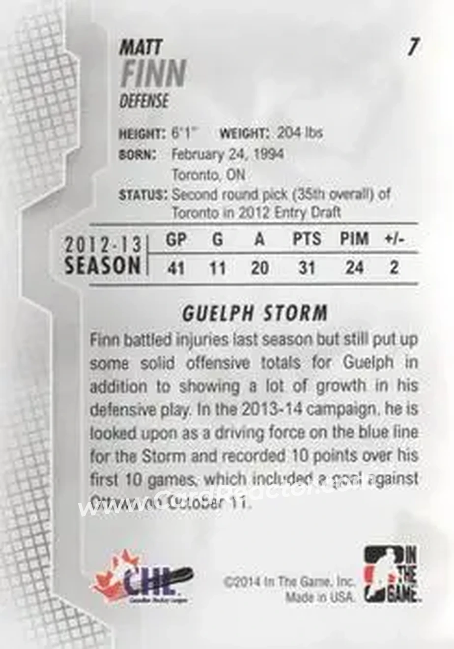 2013-14 In The Game Heroes and Prospects #7 - Matt Finn - Guelph Storm - Back
