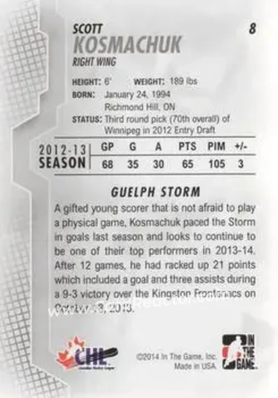 2013-14 In The Game Heroes and Prospects #8 - Scott Kosmachuk - Guelph Storm - Back