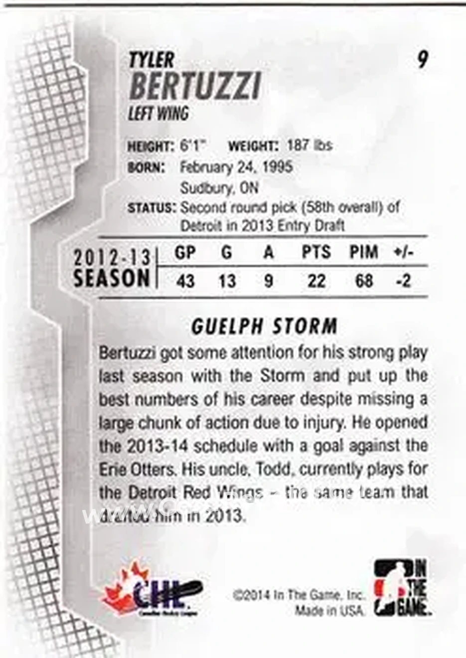 2013-14 In The Game Heroes and Prospects #9 - Tyler Bertuzzi - Guelph Storm - Back