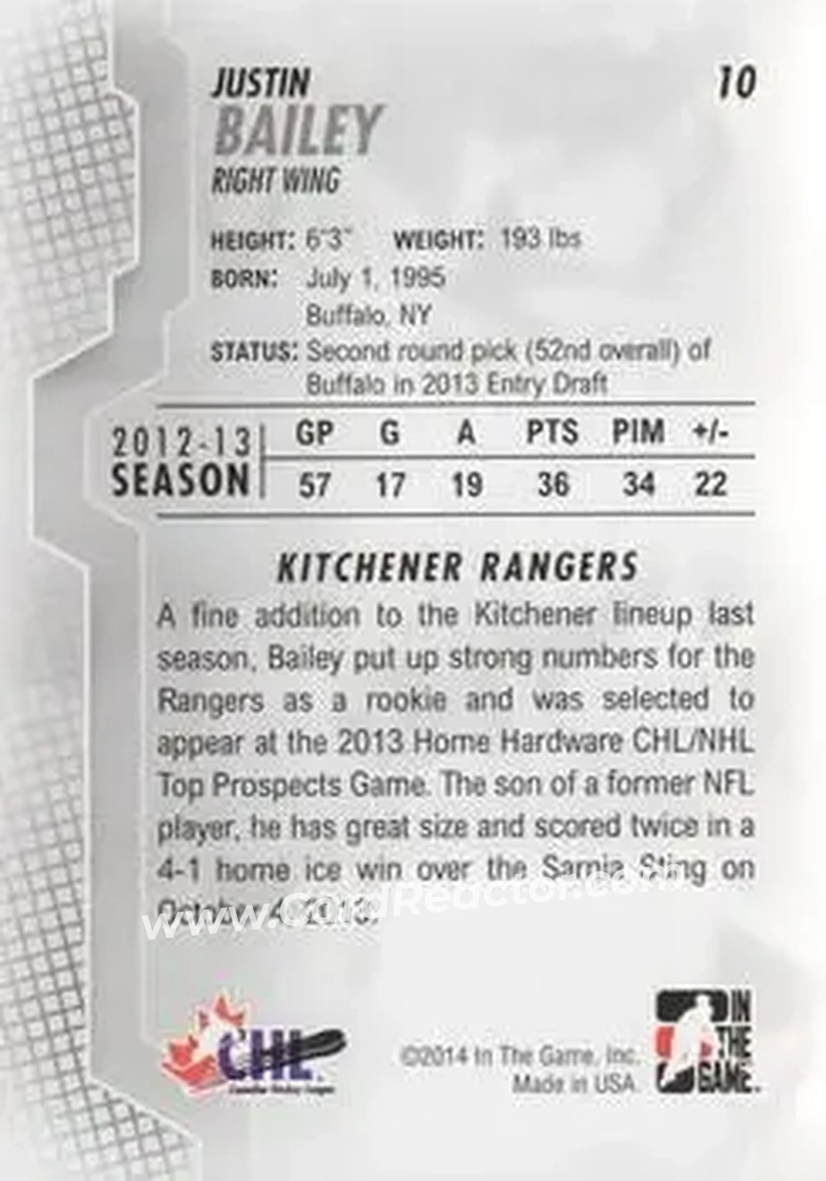 2013-14 In The Game Heroes and Prospects #10 - Justin Bailey - Kitchener Rangers - Back