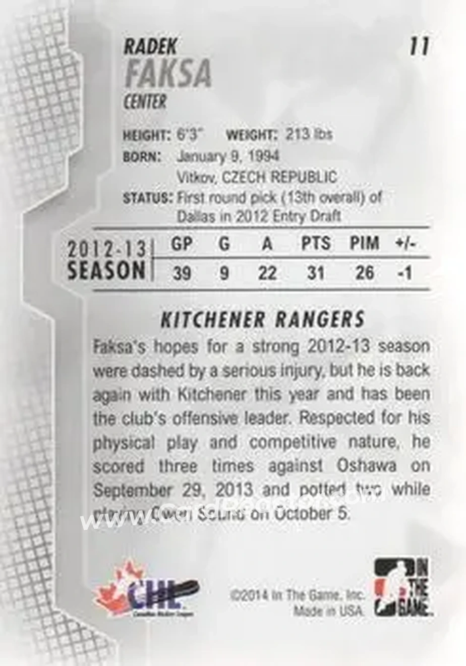 2013-14 In The Game Heroes and Prospects #11 - Radek Faksa - Kitchener Rangers - Back