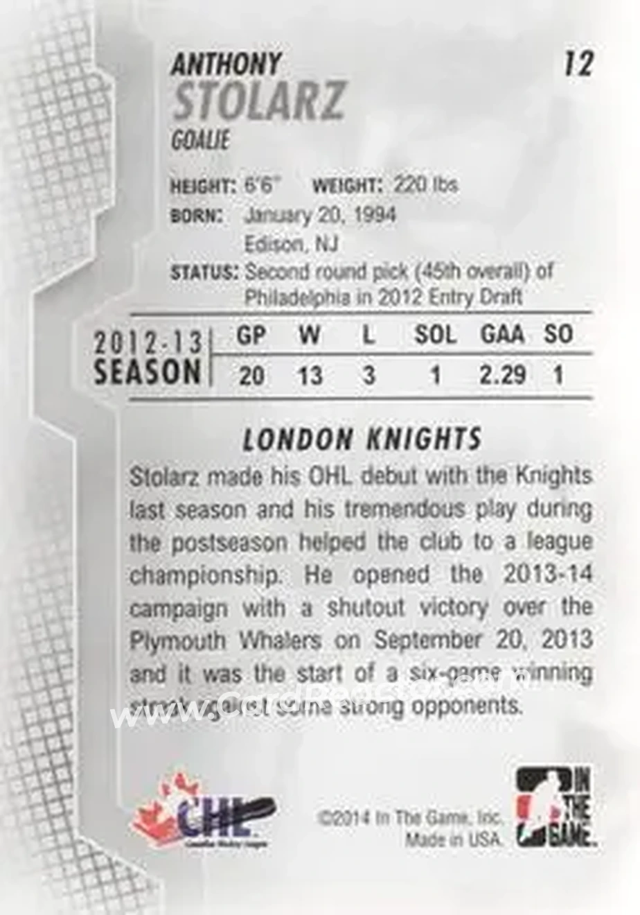 2013-14 In The Game Heroes and Prospects #12 - Anthony Stolarz - London Knights - Back