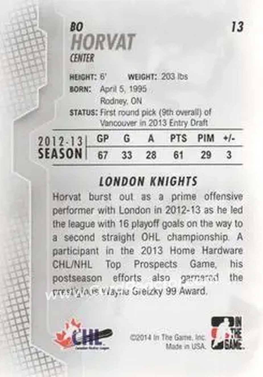 2013-14 In The Game Heroes and Prospects #13 - Bo Horvat - London Knights - Back