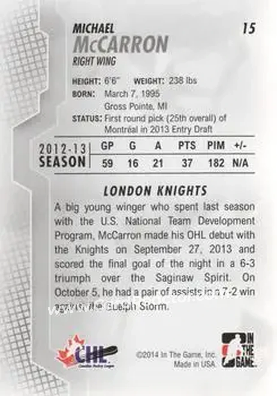 2013-14 In The Game Heroes and Prospects #15 - Michael McCarron - London Knights - Back