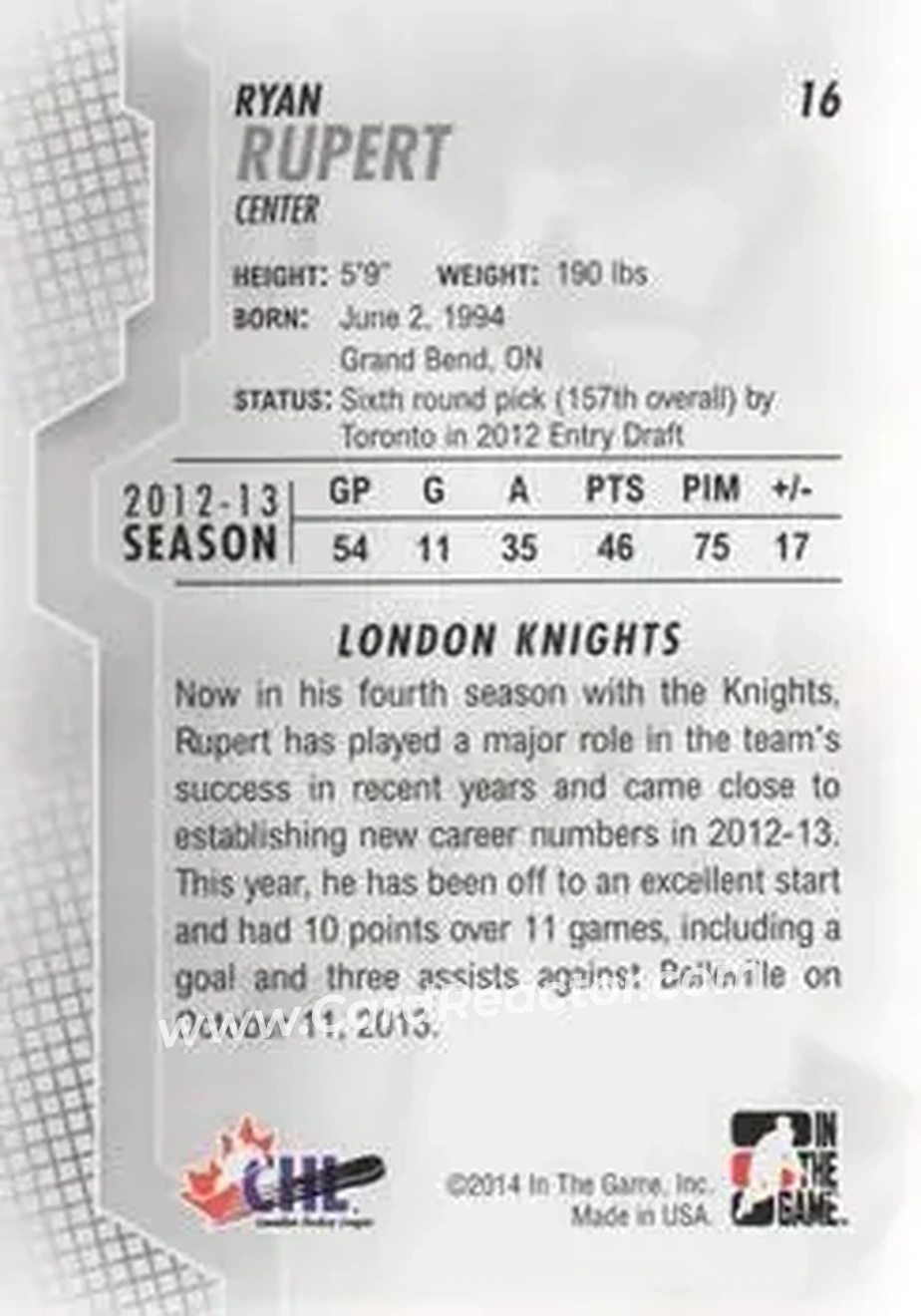 2013-14 In The Game Heroes and Prospects #16 - Ryan Rupert - London Knights - Back