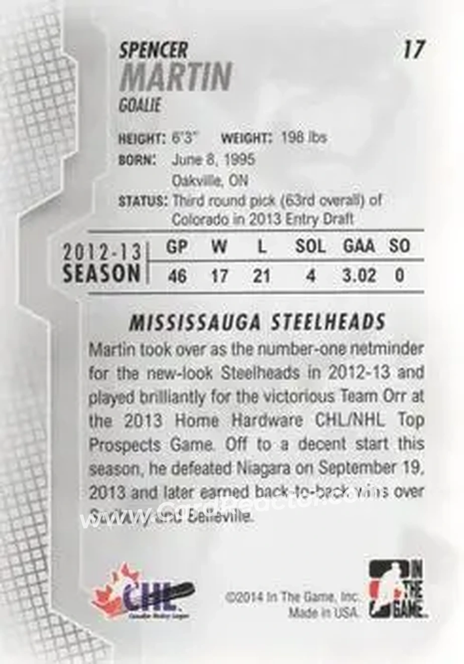2013-14 In The Game Heroes and Prospects #17 - Spencer Martin - Mississauga Steelheads - Back